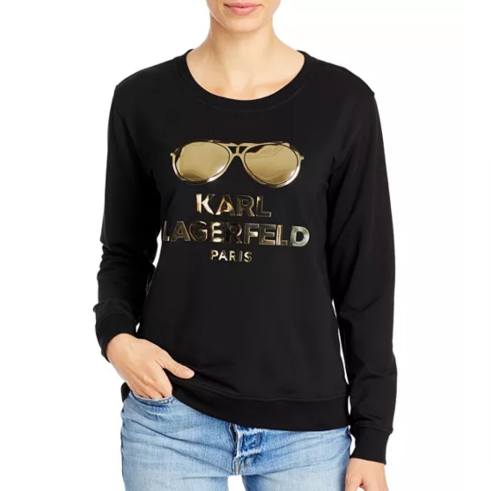 Karl Lagerfeld Paris Black w/ Gold  Metallic Sunglasses Logo Sweatshirt- Size M